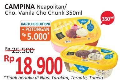 Promo Harga CAMPINA Ice Cream Neapolitan, Chocolate Chunks 350 ml - Alfamidi