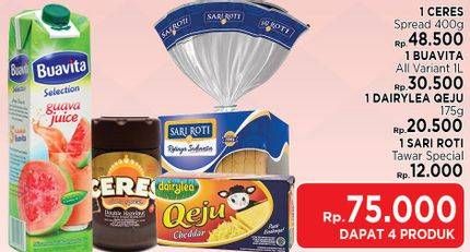 Promo Harga Paket 75rb (Ceres Spread + Buavita Juice+ Dairylea Qeju+ Sari Roti Tawar)  - LotteMart