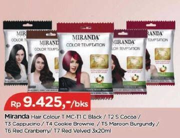 Promo Harga MIRANDA Hair Color Tempation T1 C Black, T2 S Cocoa, T3 Cappucino, T4 Cookie Brownie, T5 Maroon Burgundy, T6 Red Cranberry, T7 Red Velvet per 3 sachet 20 ml - TIP TOP