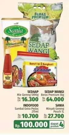 Promo Harga Sedaap Mie Goreng + Indofood Sambal + Sedap Wangi Beras + Sania Minyak Goreng   - LotteMart