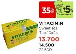 Vitacimin Vitamin C - 500mg Sweetlets (Tablet Hisap) per 10 str 2 pcs Diskon 35%, Harga Promo Rp14.500, Harga Normal Rp22.500, Khusus Member Rp. 13.700
Produk PWP minimal pembelian Rp 60.000, Khusus Member