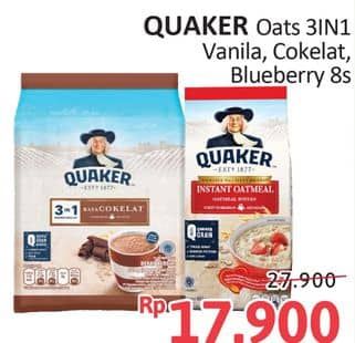 Promo Harga Quaker Oatmeal 3in1 Cokelat, 3in1 Vanilla, 3 In 1 Berry Burst per 8 pcs 28 gr - Alfamidi