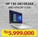 Promo Harga HP 14S-DK1002AX | AMD Athlon 3150U 4GB 1TB HDD AMD Radeon 530  - Hypermart