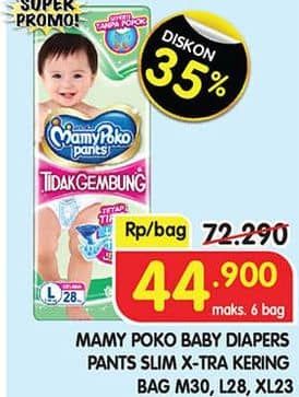 Promo Harga Mamy Poko Pants Xtra Kering Slim Tidak Gembung L28, M30, XL23 23 pcs - Superindo