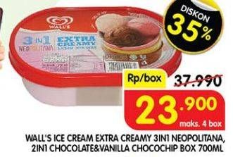 Promo Harga WALLS Ice Cream Chocolate Vanilla With Chocolate Chip, Neopolitana 700 ml - Superindo