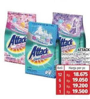Promo Harga ATTACK Detergent Powder Clean Maximizer, Plus Softener, Violet Perfume 800 gr - Lotte Grosir