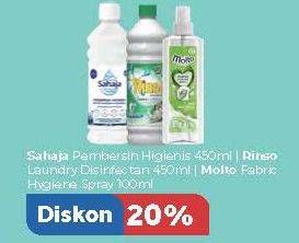 Promo Harga SAHAJA Pembersih Higienis 450ml, RINSO Laundry Disinfektan 450ml, MOLTO Fabric Hygiene Spray 100ml  - Carrefour