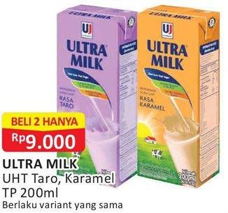 Promo Harga ULTRA MILK Susu UHT Taro, Karamel per 2 pcs 200 ml - Alfamart