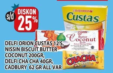 Promo Harga Delfi Orion Custas/Nissin Biscoco Butter Coconut/Delfi Cha Cha Chocolate/Cadbury Dairy Milk   - Hypermart