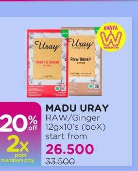 Promo Harga Madu Uray Raw Honey, Honey Ginger per 10 pcs 12 gr - Watsons