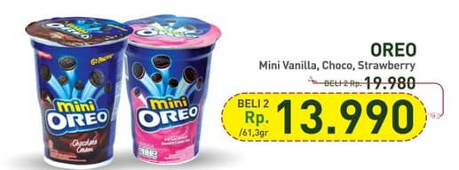 Promo Harga Oreo Mini Biskuit Sandwich Vanilla, Chocolate, Strawberry 61 gr - Hypermart