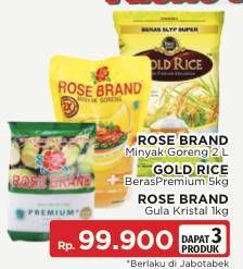 Promo Harga ROSE BRAND Minyak Goreng 2L + GOLD RICE Beras Premium 5kg + ROSE BRAND Gula Kristal 1kg  - LotteMart