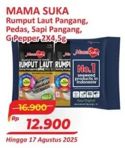 Promo Harga Mamasuka Rumput Laut Panggang Pedas, Original, BBQ per 2 bungkus 4 gr - Alfamart