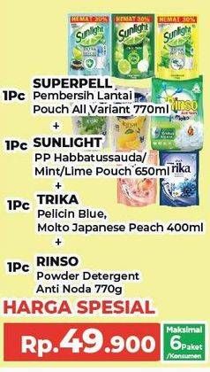 Super Pell Pembersih Lantai + Sunlight Pencuci Piring + Molto Trika + Rinso Detergent