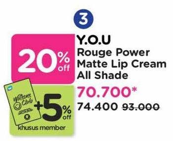 Promo Harga YOU Rouge Power Matte Lip Cream All Variants  - Watsons