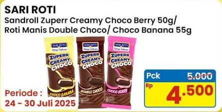 Promo Harga Sari Roti Sandroll Zuperr Creamy Choco Banana, Choco Berry, Double Choco 50 gr - Indomaret