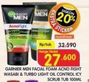 Promo Harga GARNIER MEN Facial Wash Acno Fight Wasabi, Turbo Light Icy Scrub, Turbolight Oil Foam 100 ml - Superindo
