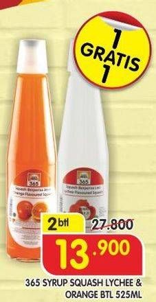 Promo Harga 365 Syrup Squash Lychee, Orange per 2 botol 525 ml - Superindo