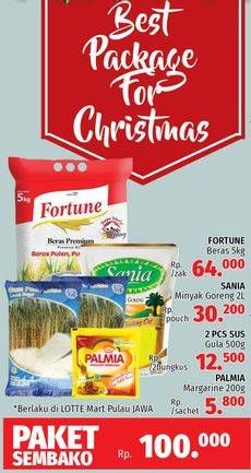 Promo Harga Paket Sembako (Fortune Beras + Sania Minyak Goreng + 2 Sus Gula Pasir + Palmia Margarine)  - LotteMart
