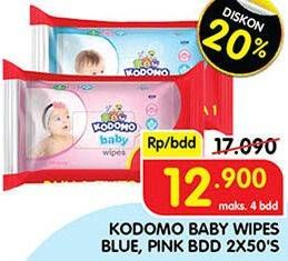 Promo Harga KODOMO Baby Wipes Classic Blue, Rice Milk Pink 50 pcs - Superindo
