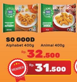 Promo Harga SO GOOD Chicken Nugget Alphabet, Animal 400 gr - Yogya