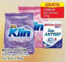 Promo Harga Beli 1 Soklin softergent pink, purple 1.8kg Gratis 1 Soklin Det Antisep 700g  - Alfamart