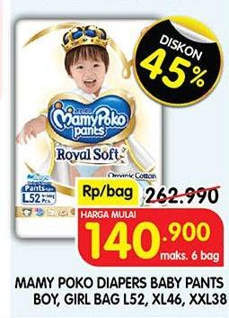 Promo Harga Mamy Poko Pants Royal Soft L52, XL46, XXL38 38 pcs - Superindo
