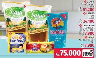 Promo Harga 2 Sania Minyak Goreng + Bango Kecap Manis + Blue Band Margarine + Gaga Mie Telor Kuning  - LotteMart