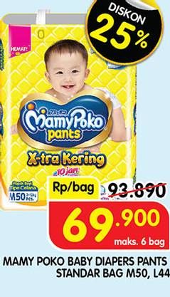 Promo Harga Mamy Poko Pants Xtra Kering L44, M50 44 pcs - Superindo