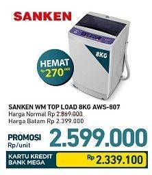 Promo Harga SANKEN AWS-807 | Mesin Cuci Top Load 8kg  - Carrefour