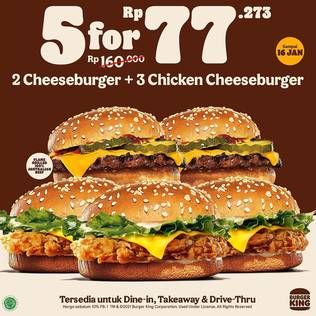 Promo Harga  BURGER KING 5 for Rp77.273.   - Burger King