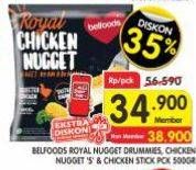 Promo Harga Belfoods Royal Nugget Chicken Nugget Stick, Chicken Nugget S, Chicken Nugget Drummies 500 gr - Superindo