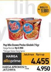 Promo Harga Indomie Pop Mie Instan Kuah Pedes Dower Ayam, Goreng Pedes Gledeek Ayam 75 gr - Carrefour