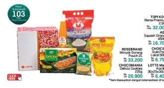 Topi Koki Beras + ABC Syrup Squash + Choice L Gula Pasir + LotteMart Kardus + Rose Brand Minyak Goreng + Chocomania Delicio Cookies
