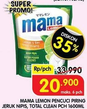 Promo Harga Mama Lemon Cairan Pencuci Piring Jeruk Nipis, Lemon Daun Mint 1600 ml - Superindo