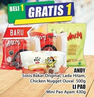 Promo Harga ANDY Sosis Bakar Original, Lada Hitam, Chicken Nugget Ouval 500g, LI PAI Mini Pao Ayam 430g  - Hari Hari