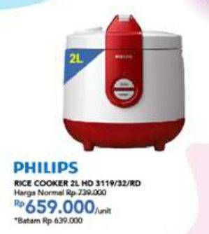 Promo Harga PHILIPS HD 3119 | Rice Cooker 32, Red 2 ltr - Carrefour