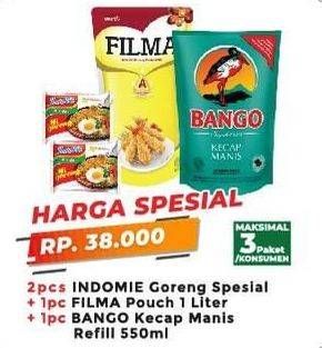 Promo Harga 2pcs INDOMIE Goreng Spesial, 1pc FILMA 1ltr, 1pc BANGO Kecap Manis 550ml  - Yogya