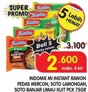 Promo Harga Indomie Mi Kuah Rawon Pedas Mercon, Soto Lamongan, Soto Banjar Limau Kuit 75 gr - Superindo