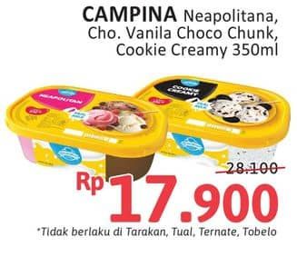 Promo Harga Campina Ice Cream Neapolitan, Chocolate Vanilla Choco Chunk, Cookie Creamy 350 ml - Alfamidi