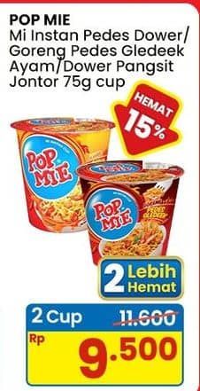 Promo Harga Indomie Pop Mie Instan Kuah Pedes Dower Ayam, Goreng Pedes Gledeek Ayam, Pedes Dower Pangsit Jontor 75 gr - Indomaret