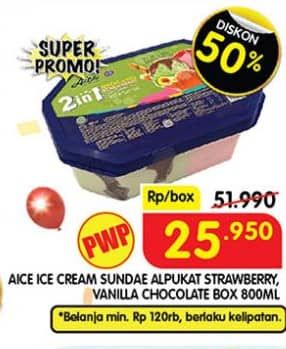 Promo Harga Aice Sundae Alpukat Strawberry, Vanilla Chocolate 800 ml - Superindo