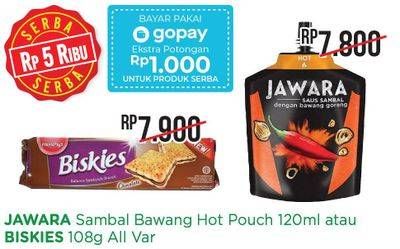 Promo Harga JAWARA Sambal Bawang Hot 120 mL/BISKIES All Var 108 g  - Alfamart