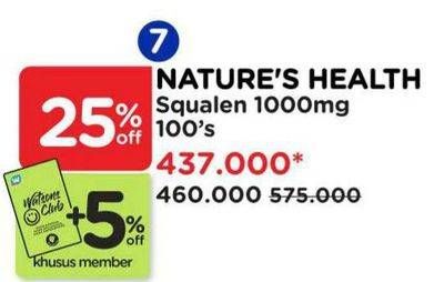 Promo Harga Natures Health Squalene 1000mg 100 pcs - Watsons