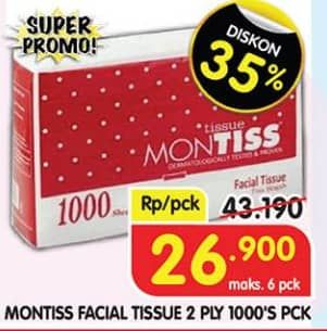 Montiss Facial Tissue 1000 sheet Diskon 37%, Harga Promo Rp26.900, Harga Normal Rp43.190, Maks 6 Pck