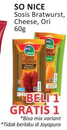 Promo Harga So Nice Sosis Siap Makan Premium Smoked Bratwurst, Original, Keju 60 gr - Alfamidi