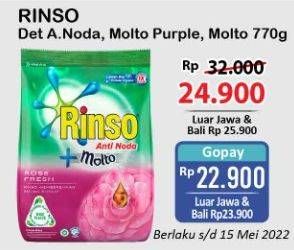 Promo Harga RINSO Anti Noda Deterjen Bubuk Classic Fresh, + Molto Purple Perfume Essence, + Molto Classic Fresh 770 gr - Alfamart
