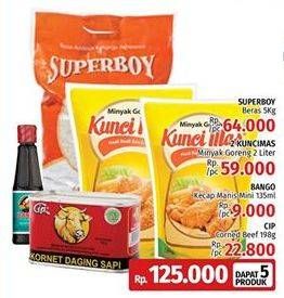 Promo Harga SUPER BOY Beras 5kg + CIP Corned Beef 198gr + BANGO Kecap Manis 135ml + KUNCI MAS Minyak Goreng 2ltr 2s  - LotteMart
