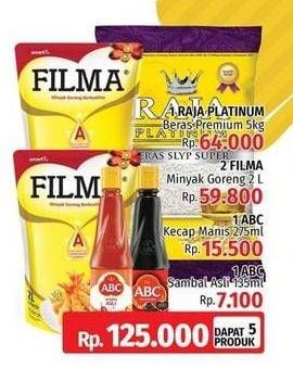 Promo Harga RAJA Platinum Beras 5Kg + FILMA Minyak Goreng 2Ltr + ABC Kecap Manis 275ml + ABC Sambal 135ml  - LotteMart
