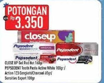 Promo Harga CLOSE UP Pasta Gigi Gel Deep Action Red Hot/PEPSODENT Action 123 Cengkeh/Toothpaste Action 123 Charcoal/Sensitive Expert  - Hypermart